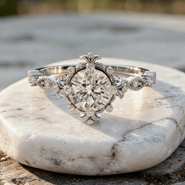 Close-up: Oval Diamond Ring with Floral Setting in 14k White Gold - Lab Grown - Driona Jewels