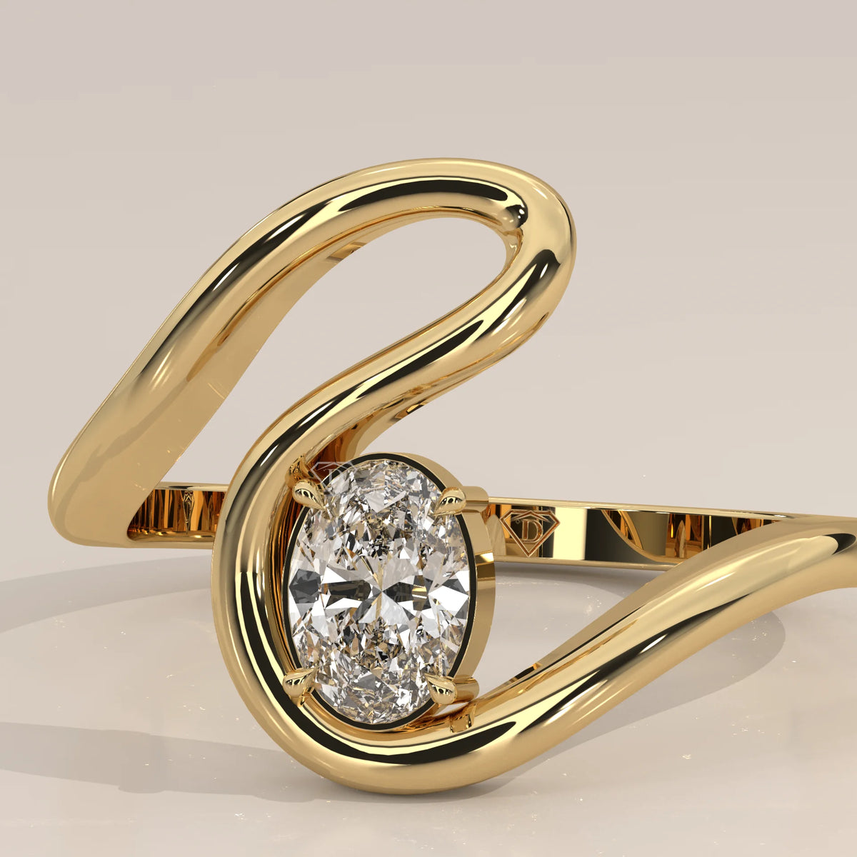 Oval Lab Grown Diamond S Curve Ring in Polished Round Wire in yellow gold, shown at an angle.