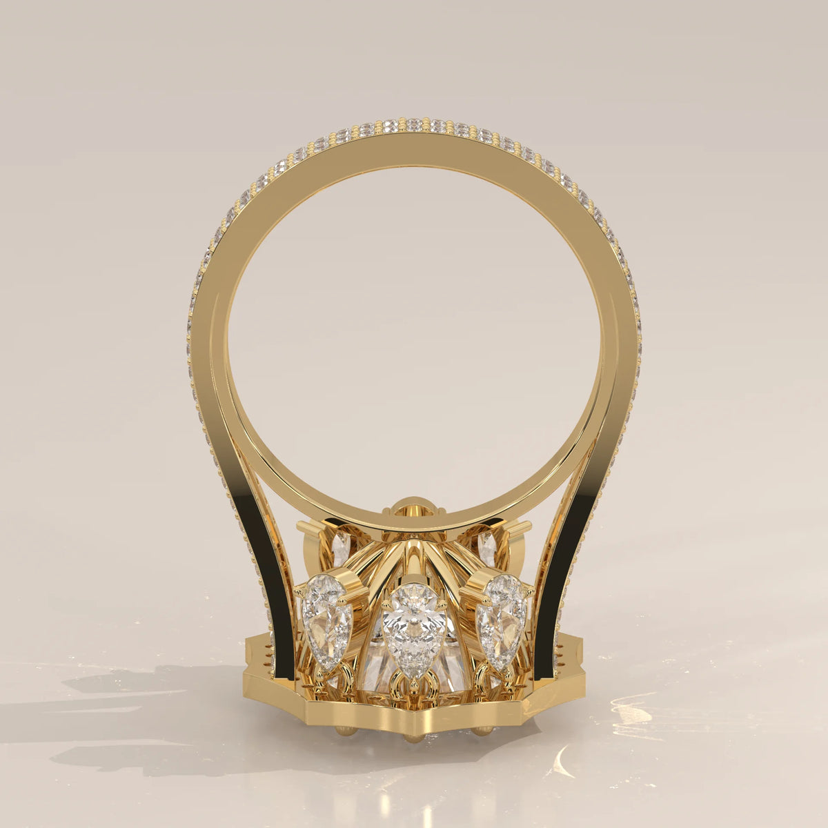 Round Lab Grown Diamond Twelve Point Halo Ring with Split Shank in yellow gold, front view on a plain background.