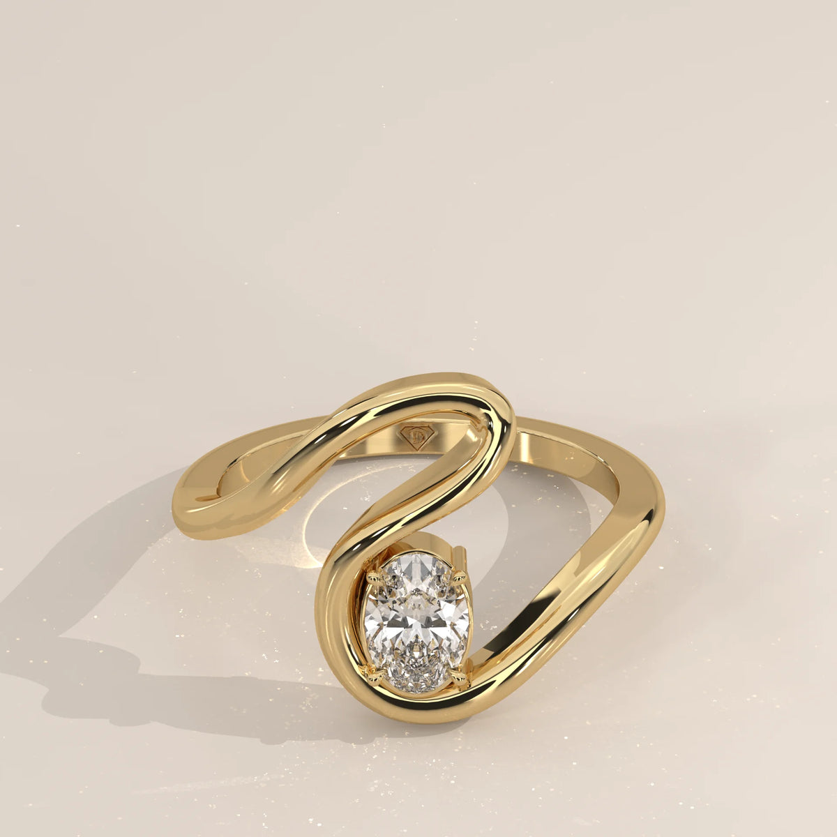 Oval Lab Grown Diamond S Curve Ring in Polished Round Wire in yellow gold, shown from the front.