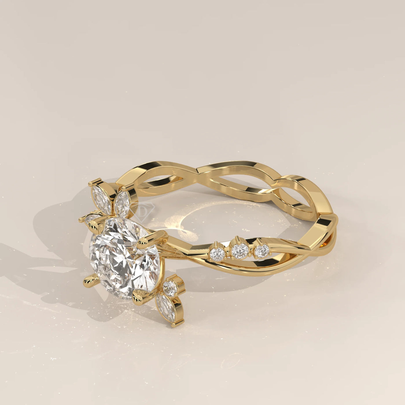 Gold ring with an oval diamond and accent stones.