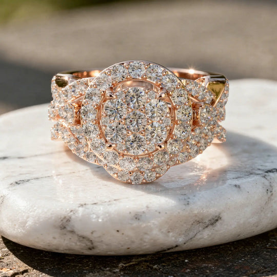 Close-up: Oval Diamond Ring with Halo Setting in 14k Rose Gold - Lab Grown - Driona Jewels