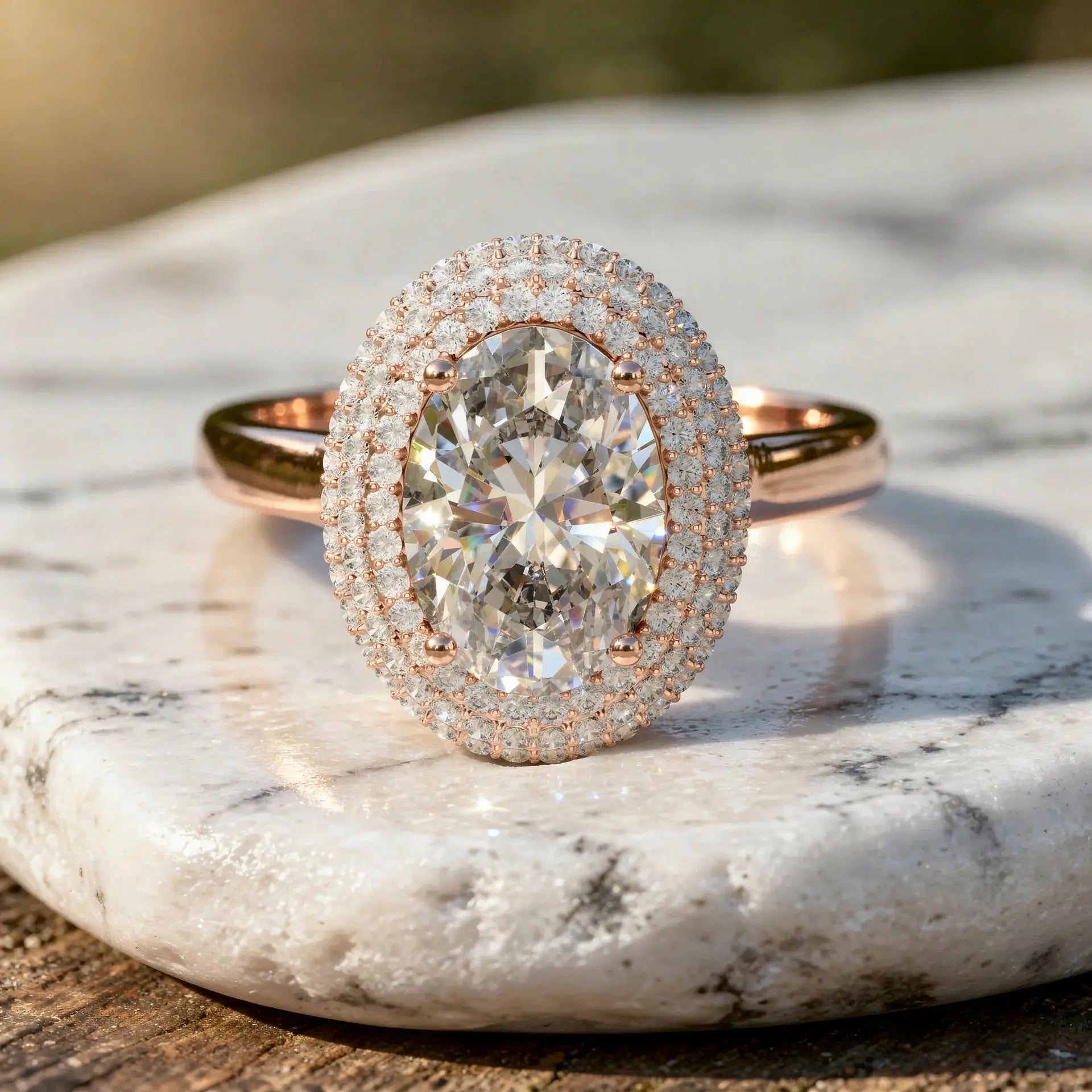 Front-view: Oval Diamond Ring with Halo Setting in 14k Rose Gold - Lab Grown - Driona Jewels