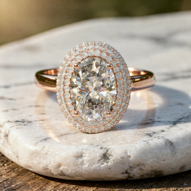Front-view: Oval Diamond Ring with Halo Setting in 14k Rose Gold - Lab Grown - Driona Jewels