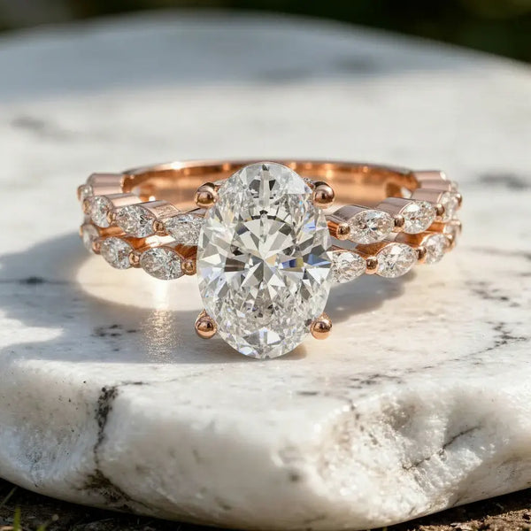 Front-view: Oval Diamond Engagement Ring with Halo Setting in 14k Rose Gold - Lab Grown - Driona Jewels