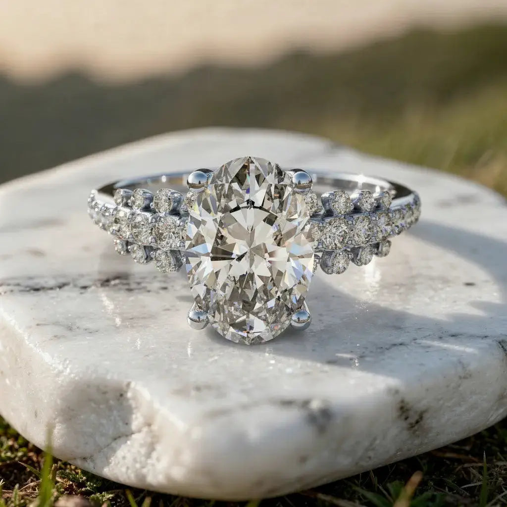 Close-up: Oval Diamond Ring with Halo Setting in 14k White Gold - Lab Grown - Driona Jewels