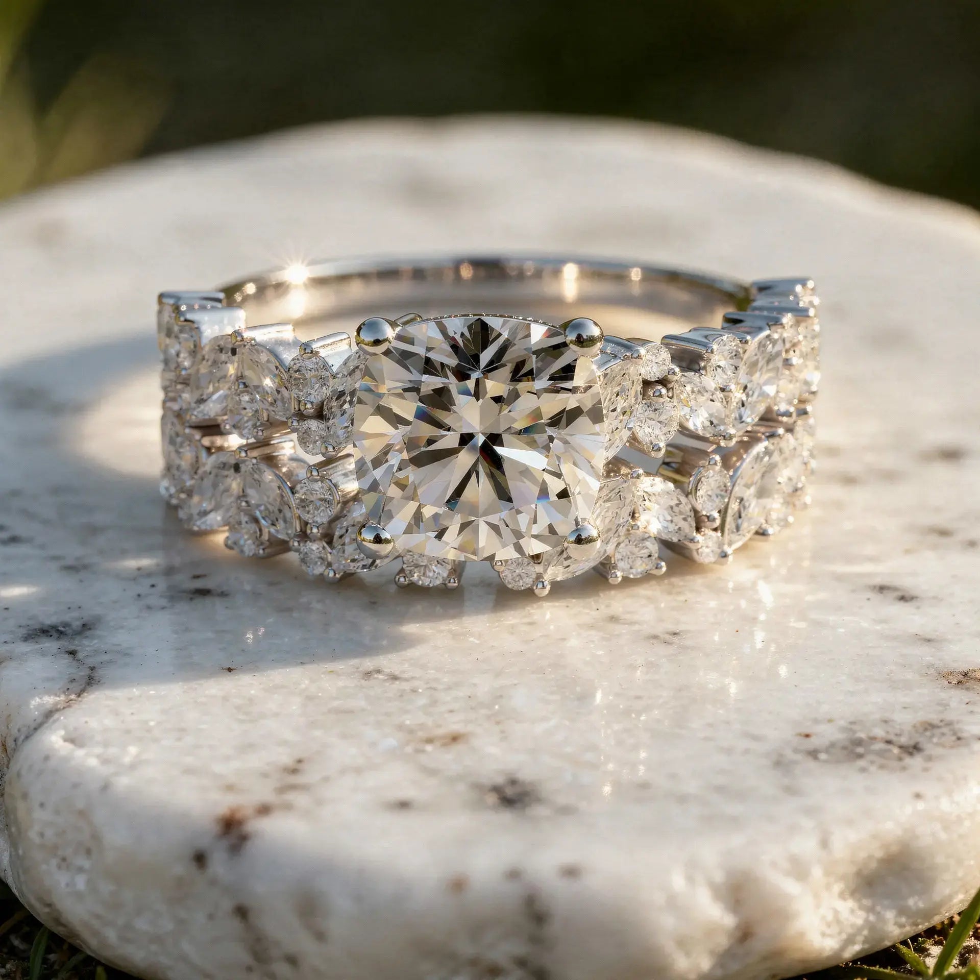 Close-up: Oval Diamond Ring with Halo Setting in 14k White Gold - Lab Grown - Driona Jewels