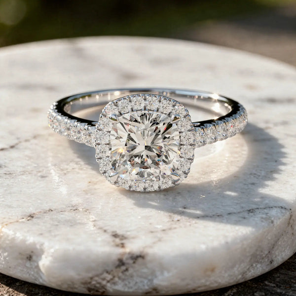 Front-view: Oval Diamond Ring with Halo Setting in 14k White Gold - Lab Grown - Driona Jewels