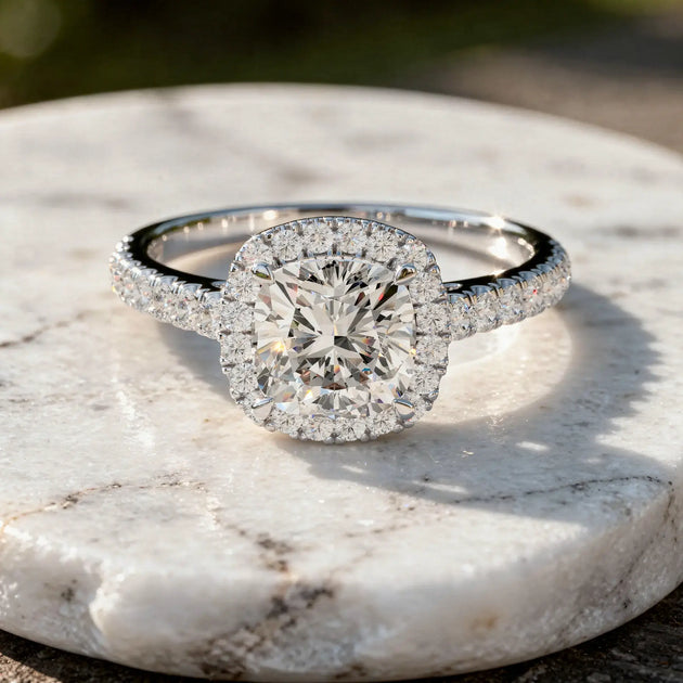 Front-view: Oval Diamond Ring with Halo Setting in 14k White Gold - Lab Grown - Driona Jewels