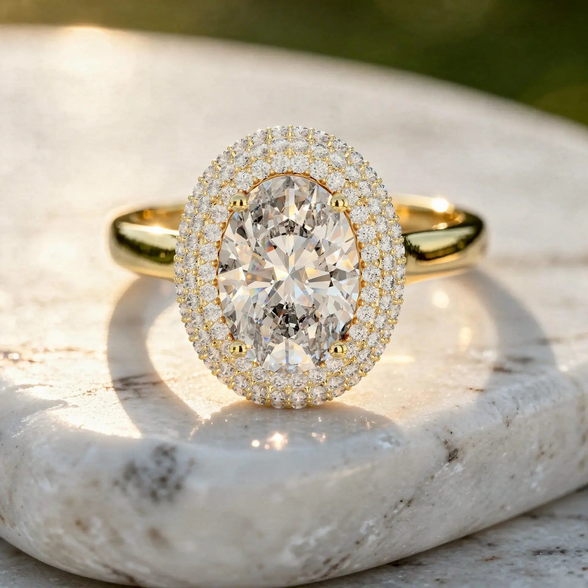 Front-view: Oval Diamond Ring with Halo Setting in 14k Yellow Gold - Lab Grown - Driona Jewels