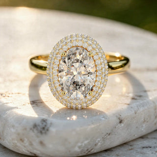 Front-view: Oval Diamond Ring with Halo Setting in 14k Yellow Gold - Lab Grown - Driona Jewels
