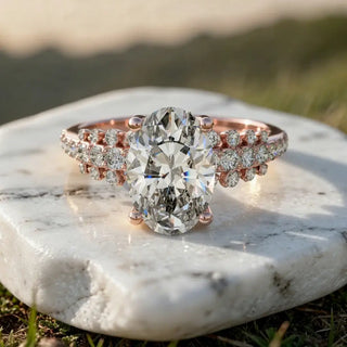 Close-up: Oval Diamond Engagement Ring with Pave Setting in 14k Rose Gold - Lab Grown - Driona Jewels