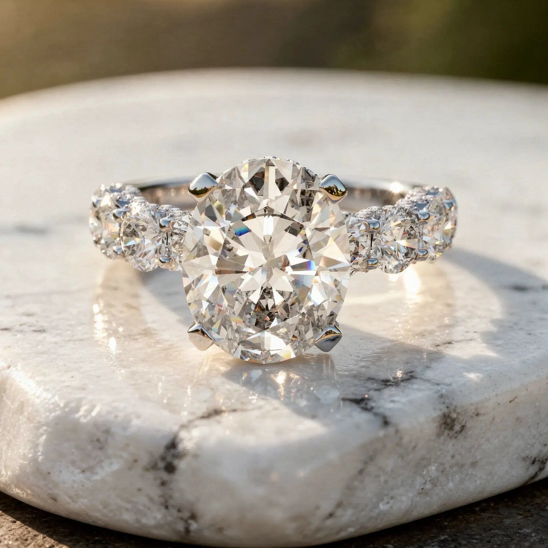 Close-up: Oval Diamond Ring with Pave Setting in 14k White Gold - Lab Grown - Driona Jewels