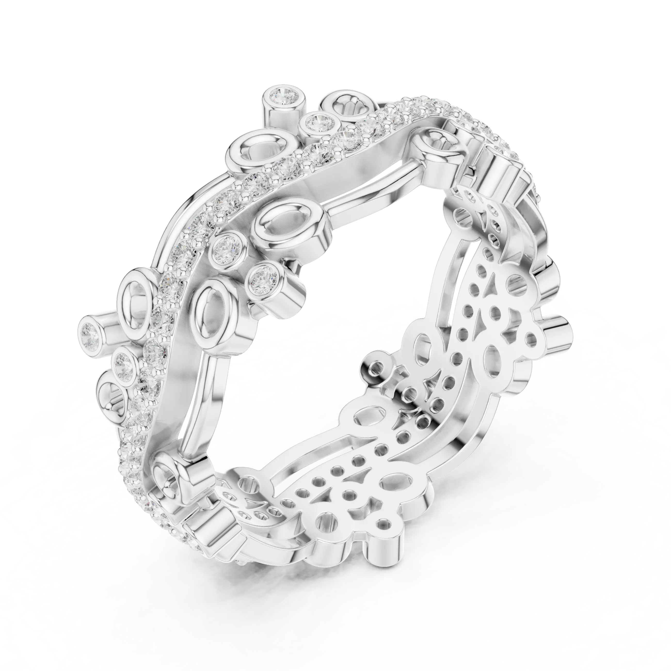 Three-quarter-view: Oval Diamond Ring with Pave Setting in 14k White Gold - Lab Grown - Driona Jewels