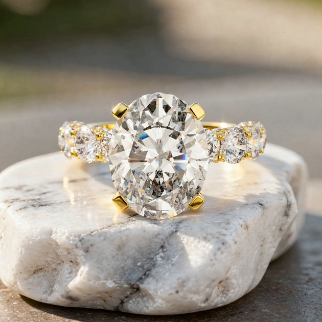 Close-up: Oval Diamond Ring with Pave Setting in 14k Yellow Gold - Lab Grown - Driona Jewels