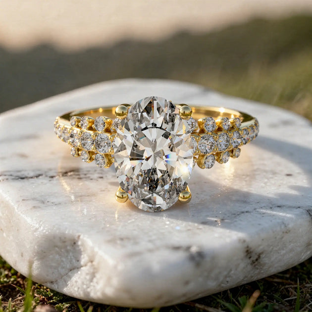 Close-up: Oval Diamond Ring with Pave Setting in 14k Yellow Gold - Lab Grown - Driona Jewels