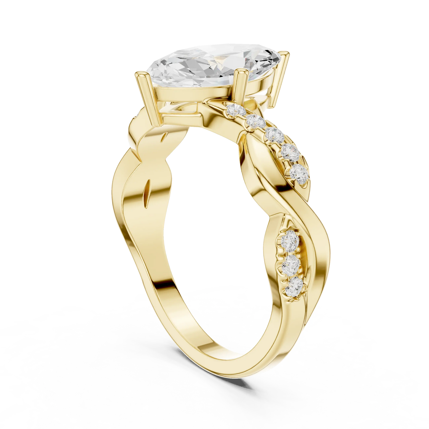Angle view: Oval Diamond Ring with Prong and Pave Twist Setting in 14K Yellow Gold – Lab Grown – Driona Jewels
