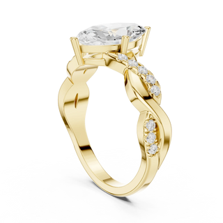 Angle view: Oval Diamond Ring with Prong and Pave Twist Setting in 14K Yellow Gold – Lab Grown – Driona Jewels

