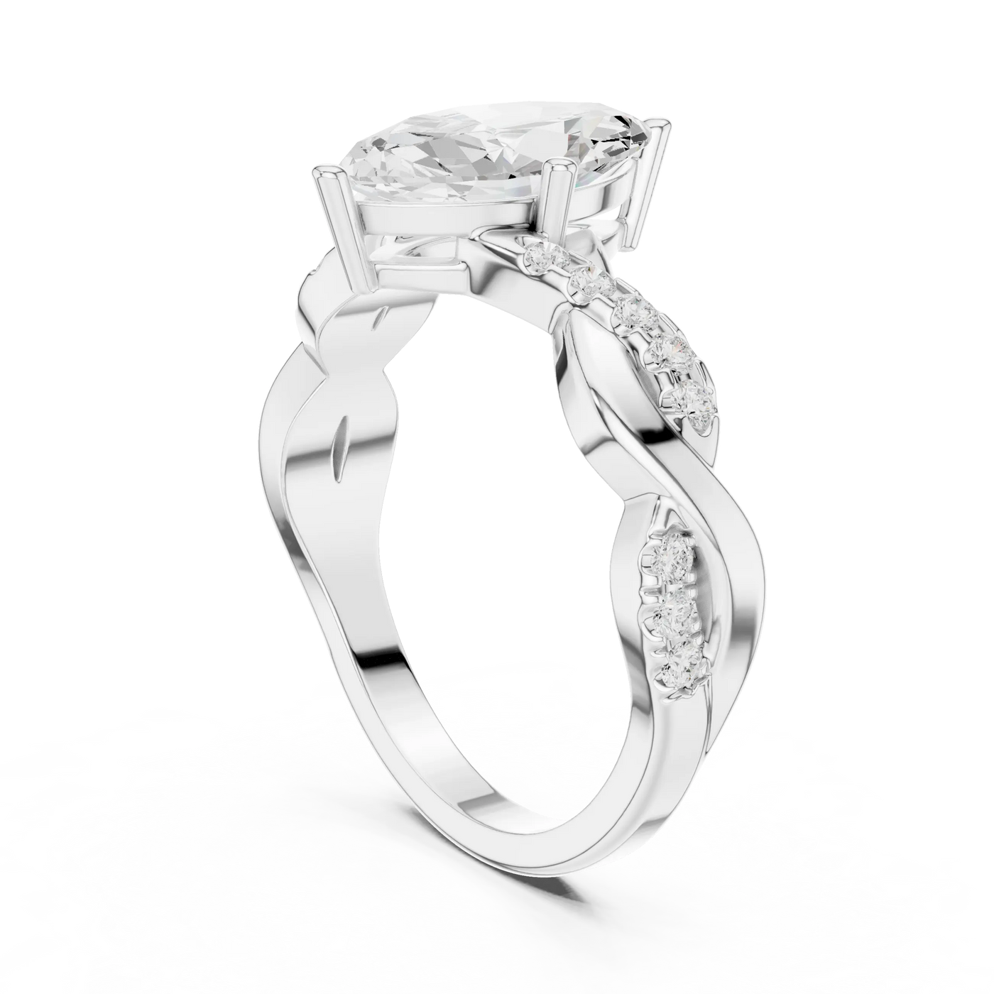 Angle View: Oval Diamond Ring with Prong Setting and Twisted Pavé Band in [Purity] White Gold – Lab Grown – Driona Jewels
