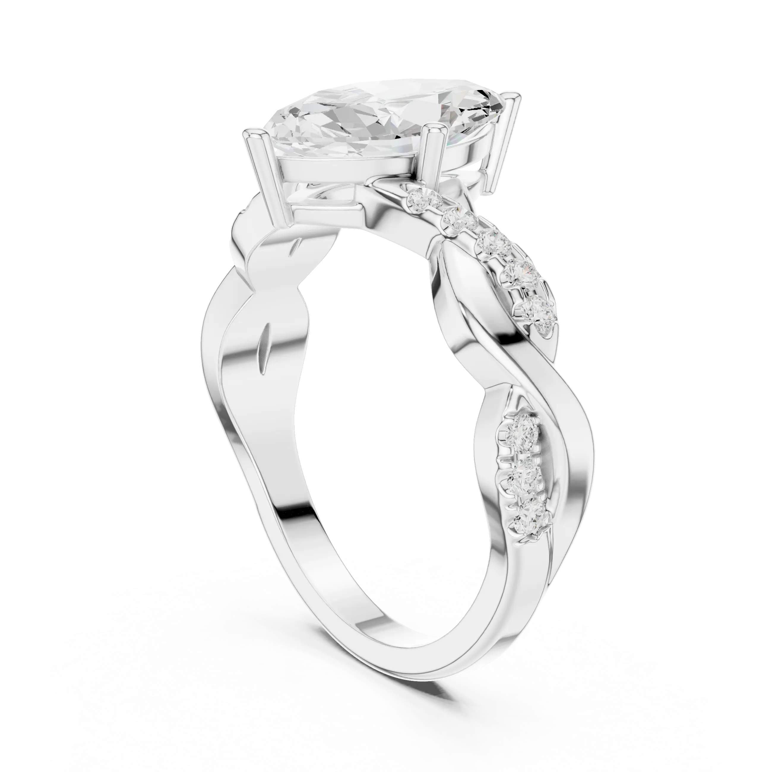 Angle View: Oval Diamond Ring with Prong Setting and Twisted Pavé Band in [Purity] White Gold – Lab Grown – Driona Jewels
