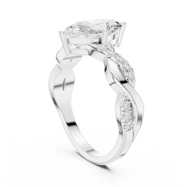 Angle View: Oval Diamond Ring with Prong Setting and Twisted Pavé Band in [Purity] White Gold – Lab Grown – Driona Jewels
