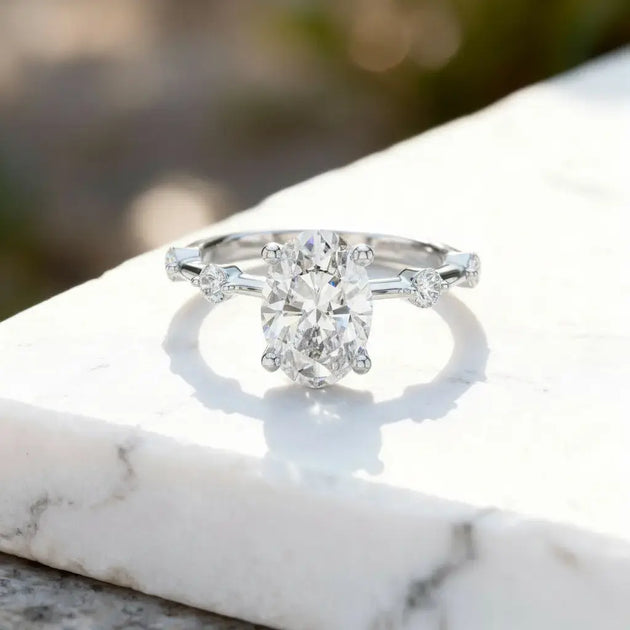Front-view: Oval Diamond Ring with Solitaire Setting in 14k White Gold - Lab Grown - Driona Jewels
