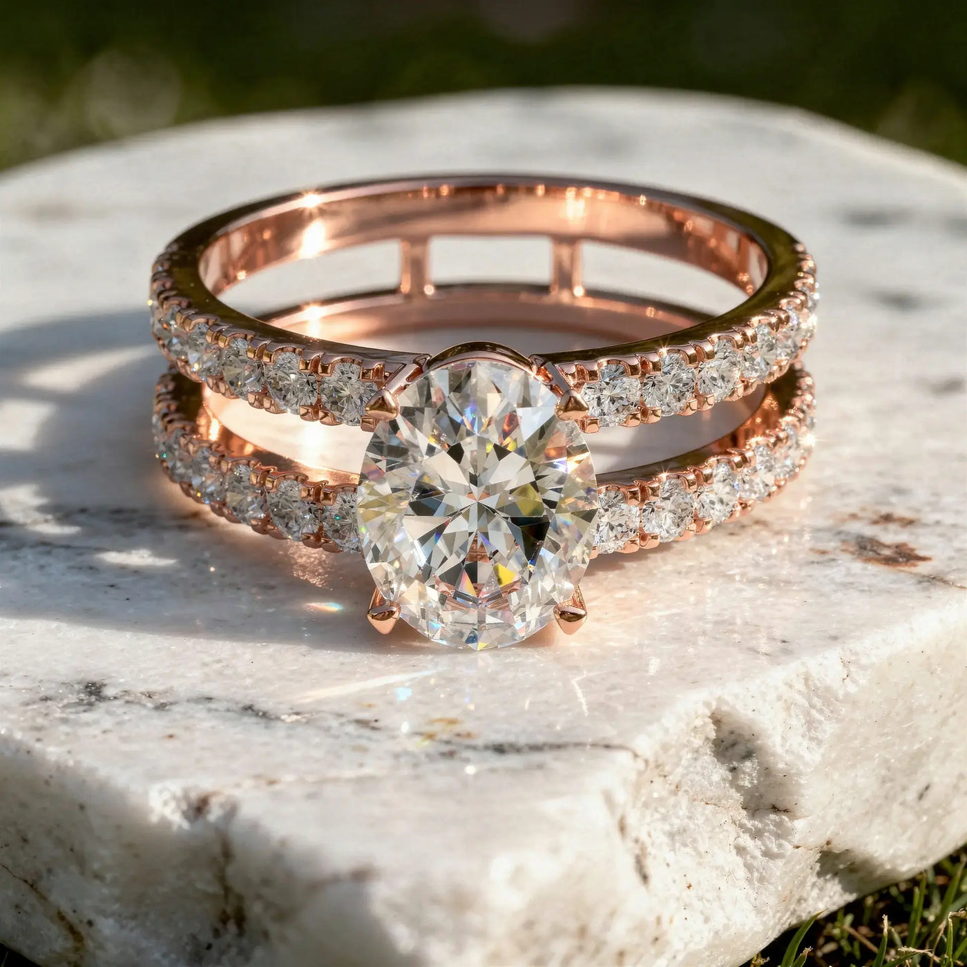 Front-view: Oval Diamond Engagement Ring with Split Shank Setting in 14k Rose Gold - Lab Grown - Driona Jewels