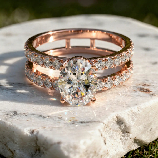 Front-view: Oval Diamond Engagement Ring with Split Shank Setting in 14k Rose Gold - Lab Grown - Driona Jewels