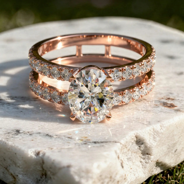 Front-view: Oval Diamond Engagement Ring with Split Shank Setting in 14k Rose Gold - Lab Grown - Driona Jewels