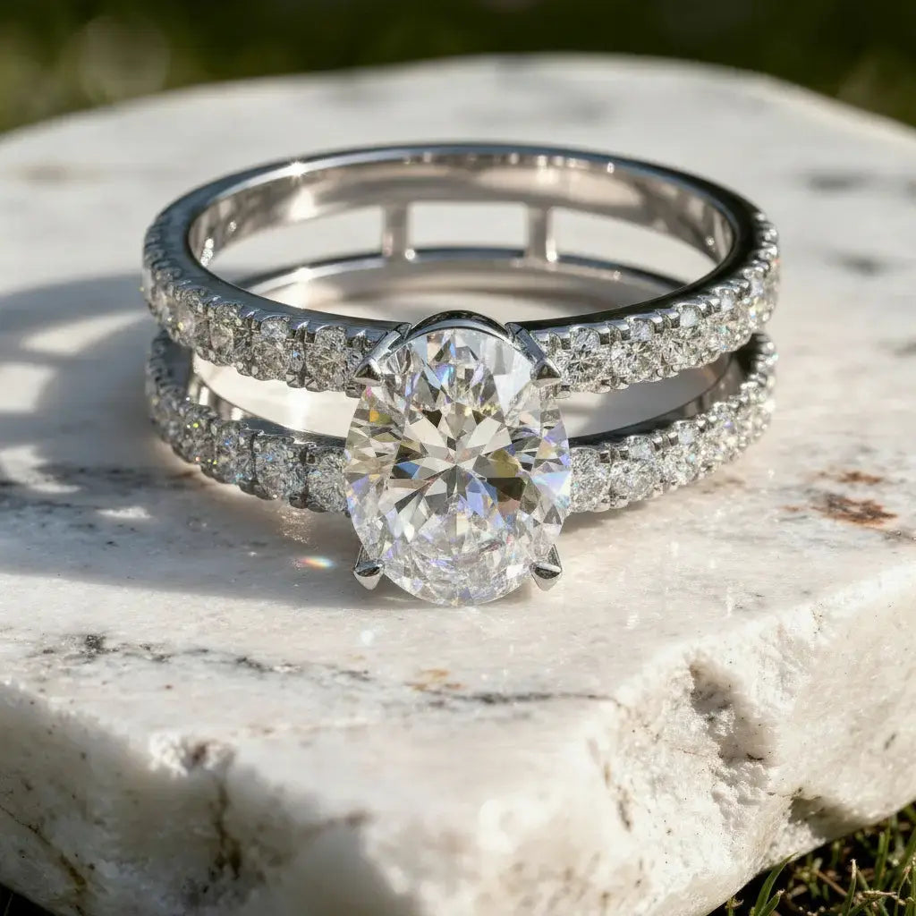Front-view: Oval Diamond Engagement Ring with Split Shank Setting in 14k White Gold - Lab Grown - Driona Jewels