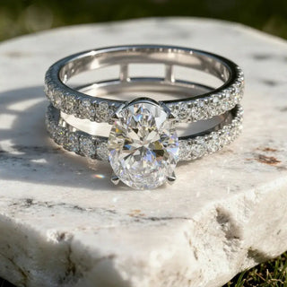 Front-view: Oval Diamond Engagement Ring with Split Shank Setting in 14k White Gold - Lab Grown - Driona Jewels