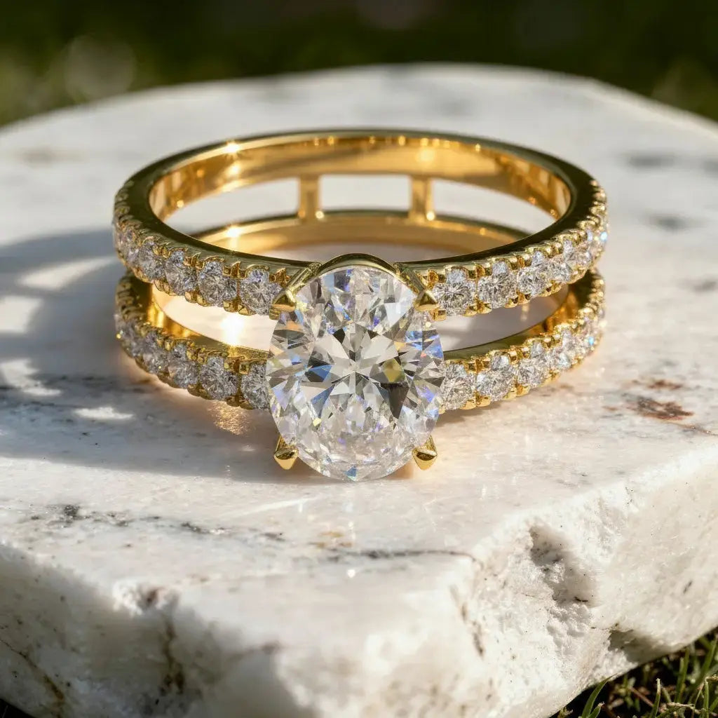 Front-view: Oval Diamond Engagement Ring with Split Shank Setting in 14k Yellow Gold - Lab Grown - Driona Jewels