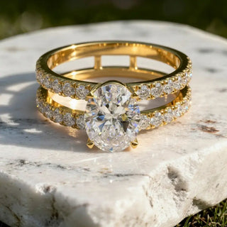 Front-view: Oval Diamond Engagement Ring with Split Shank Setting in 14k Yellow Gold - Lab Grown - Driona Jewels
