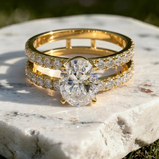 Front-view: Oval Diamond Engagement Ring with Split Shank Setting in 14k Yellow Gold - Lab Grown - Driona Jewels