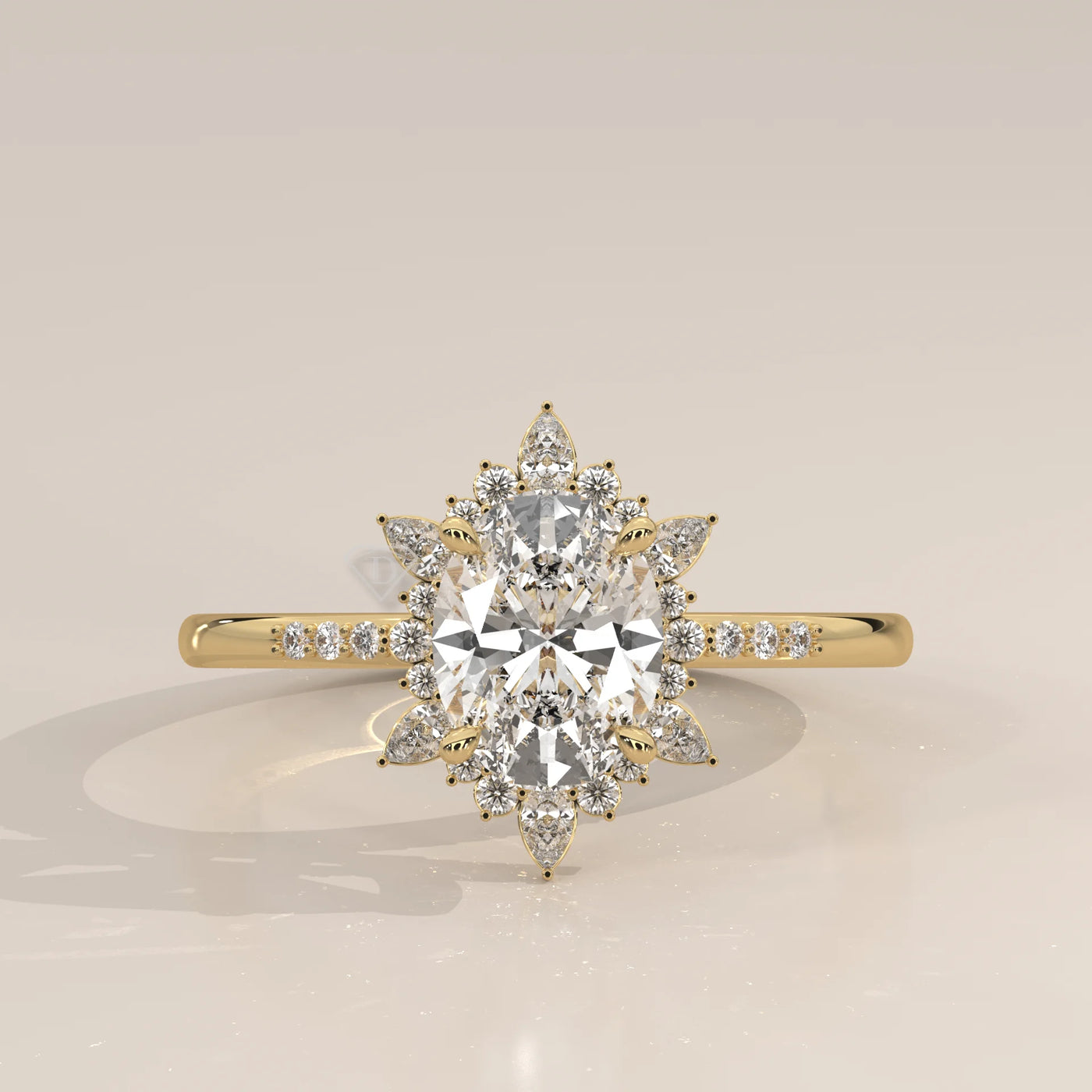 Yellow gold engagement ring with an oval diamond and a sunburst halo.
