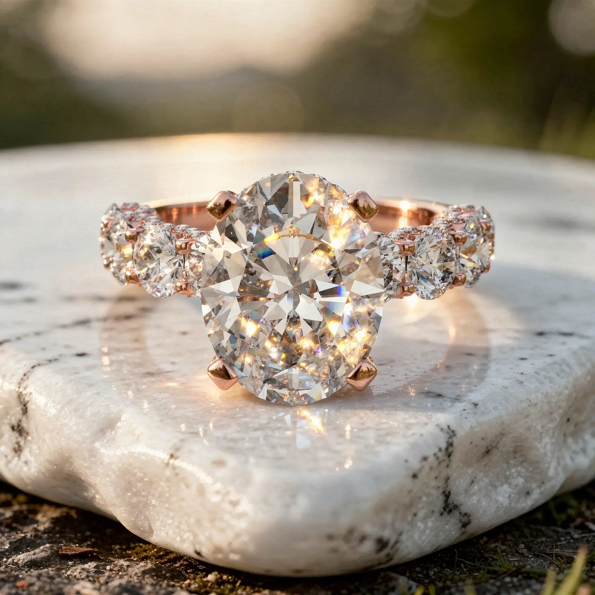 Close-up: Oval Diamond Ring with Three Stone Setting in 14k Rose Gold - Lab Grown - Driona Jewels
