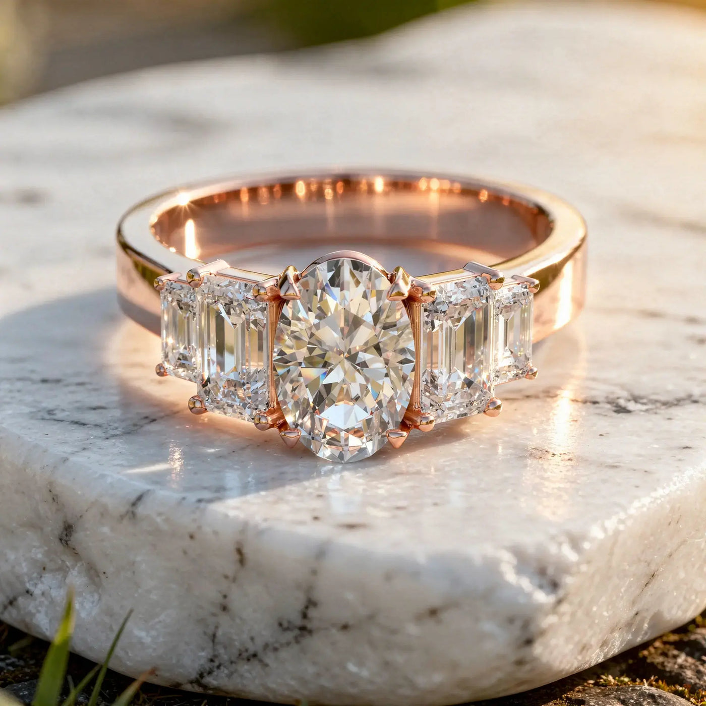 Front-view: Oval Diamond Ring with Three-Stone Setting in 14k Rose Gold - Lab Grown - Driona Jewels