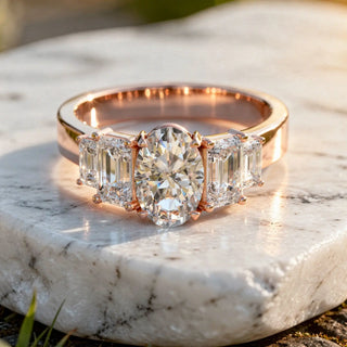 Front-view: Oval Diamond Ring with Three-Stone Setting in 14k Rose Gold - Lab Grown - Driona Jewels