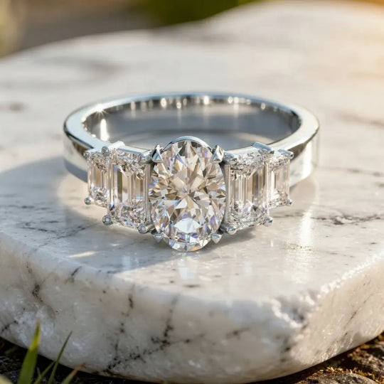 Front-view: Oval Diamond Ring with Three-Stone Setting in 14k White Gold - Lab Grown - Driona Jewels