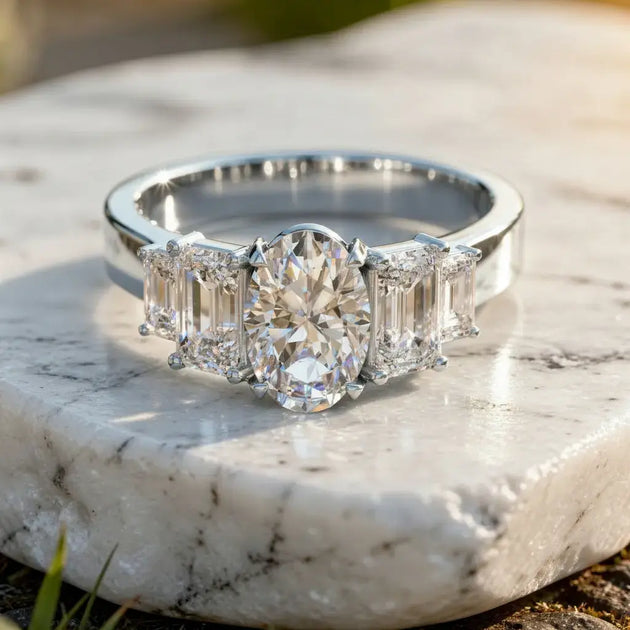 Front-view: Oval Diamond Ring with Three-Stone Setting in 14k White Gold - Lab Grown - Driona Jewels