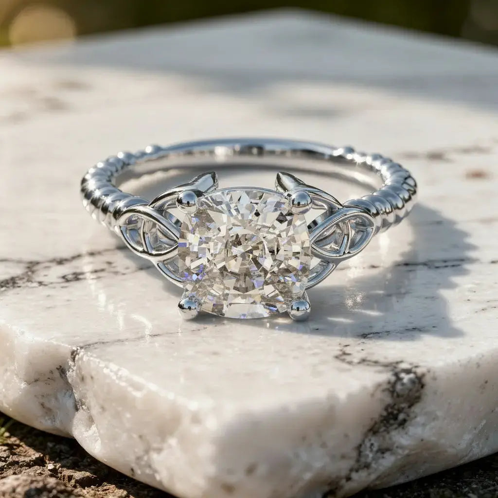 Close-up: Oval Diamond Ring with Trinity Setting in 14k White Gold - Lab Grown - Driona Jewels