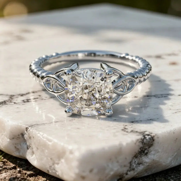 Close-up: Oval Diamond Ring with Trinity Setting in 14k White Gold - Lab Grown - Driona Jewels