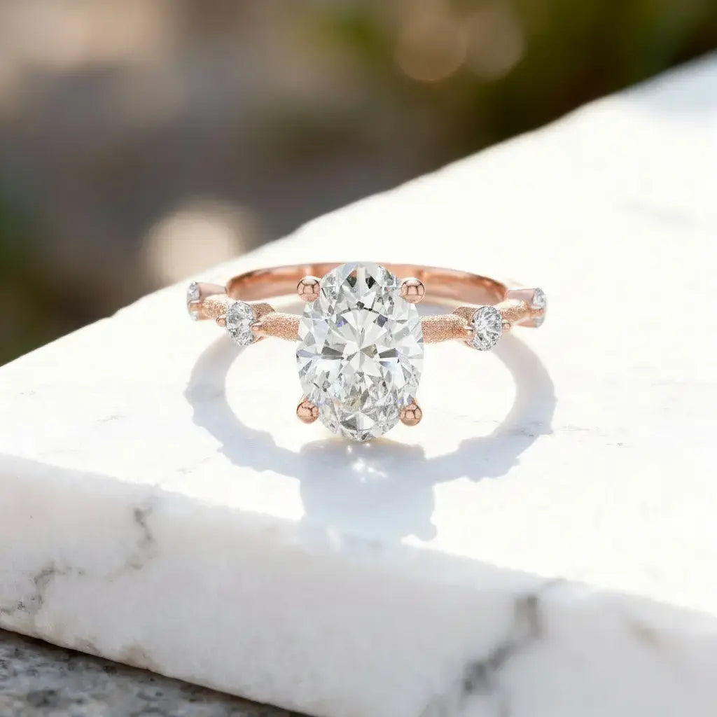 Front-view: Oval Diamond Engagement Ring with Twig Setting in 14k Rose Gold - Lab Grown - Driona Jewels