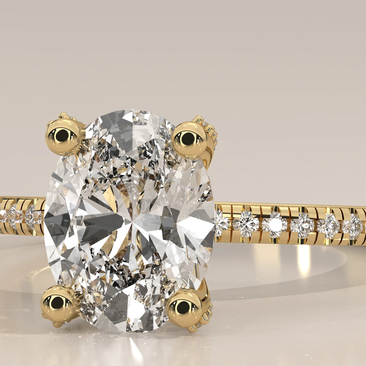 Oval Lab Grown Diamond Pave Band Ring with Hidden Halo in yellow gold, shown in close-up.