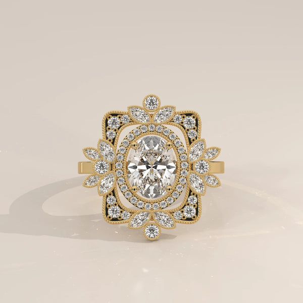 Elegant yellow gold ring featuring a central oval diamond surrounded by smaller diamonds.