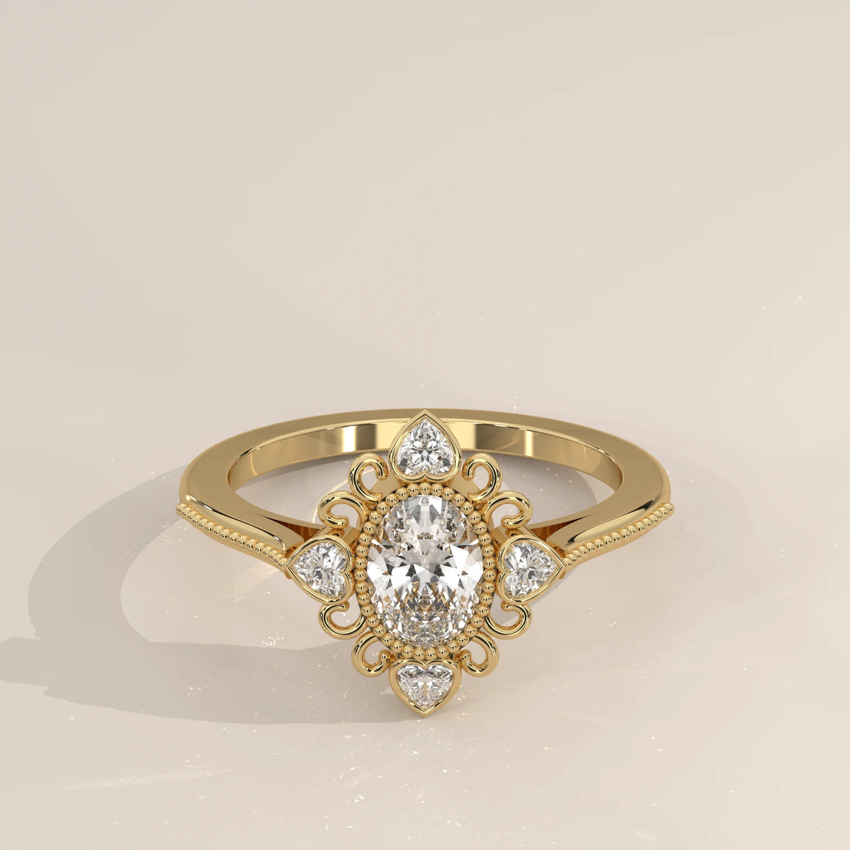 Oval Lab Grown Diamond Vintage Ring with Four Heart Accents in yellow gold, shown from the front.