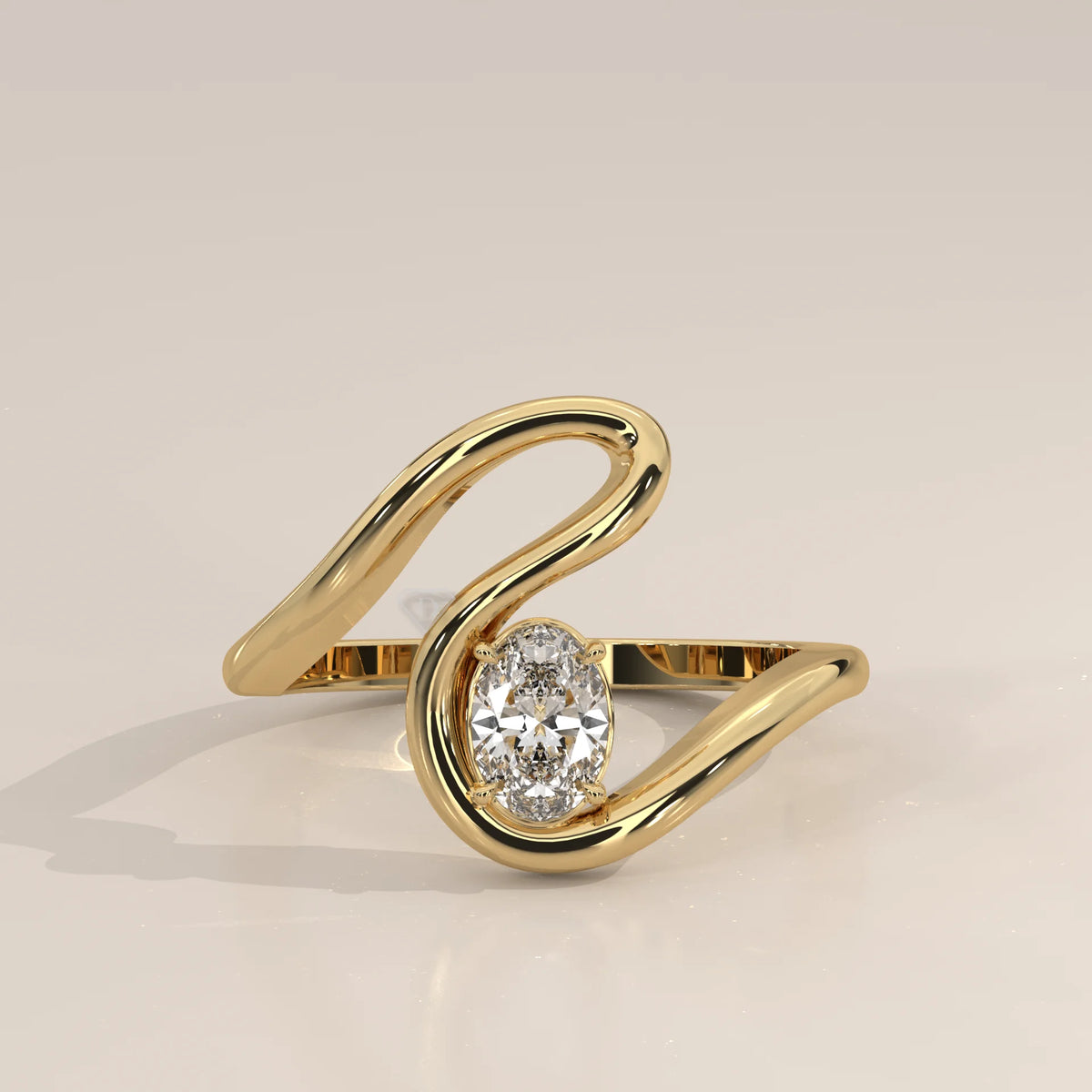 Oval Lab Grown Diamond S Curve Ring in Polished Round Wire in yellow gold, photographed head-on.