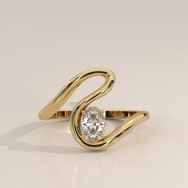 Oval Lab Grown Diamond S Curve Ring in Polished Round Wire in yellow gold, photographed head-on.