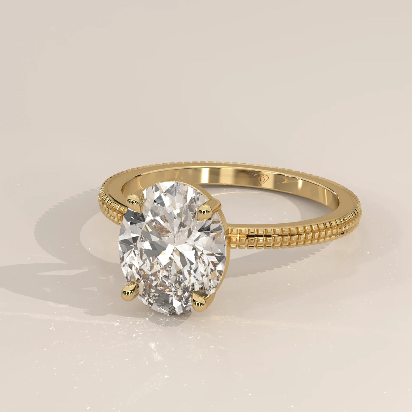 Close-up of a beautiful oval diamond engagement ring in yellow gold.