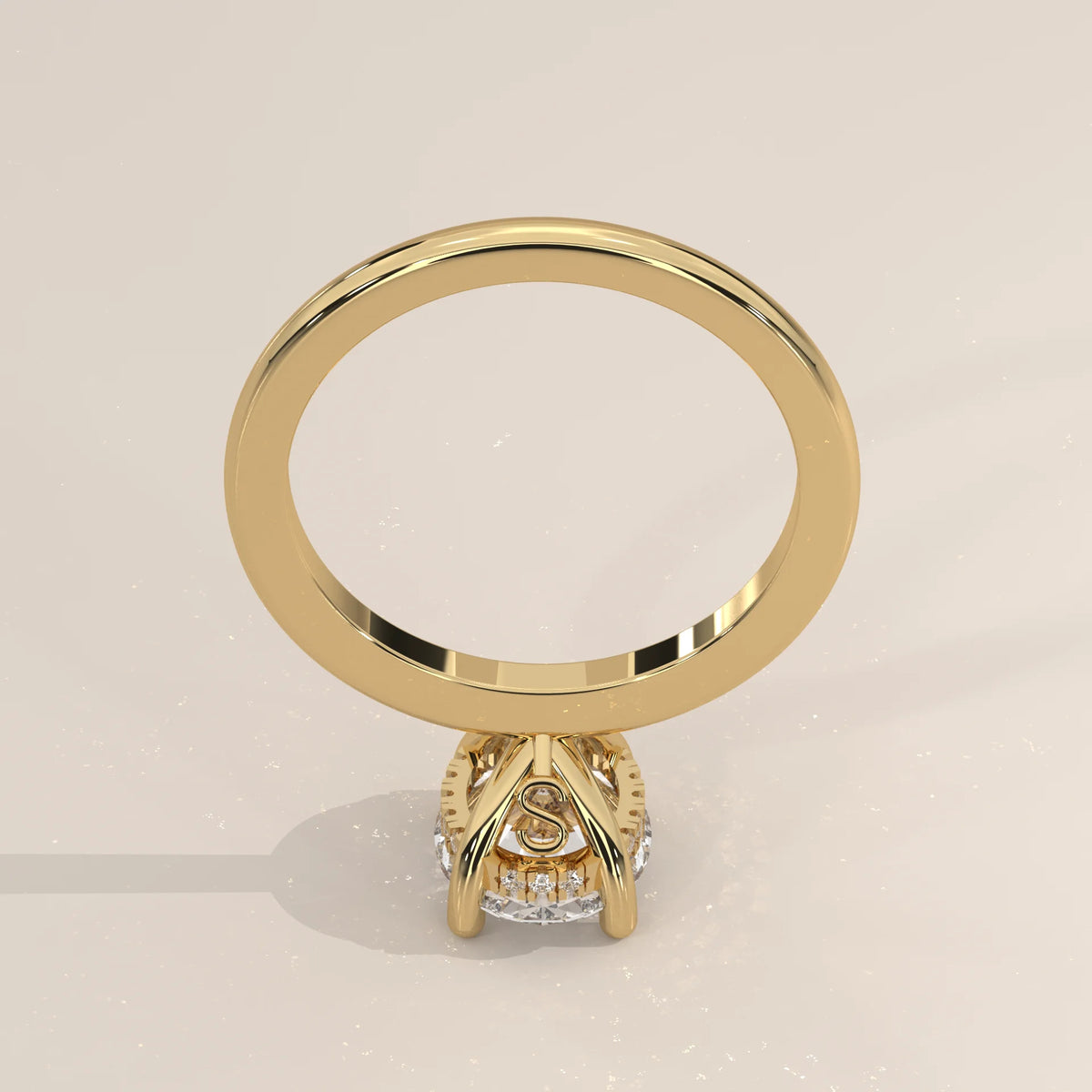 Oval Lab Grown Diamond Solitaire with Hidden Halo and Scroll Gallery in yellow gold, side profile view.